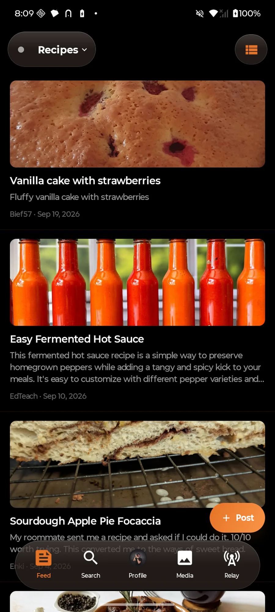 The Recipes feed in Nostr Vault on Android showing recipe cards with photos