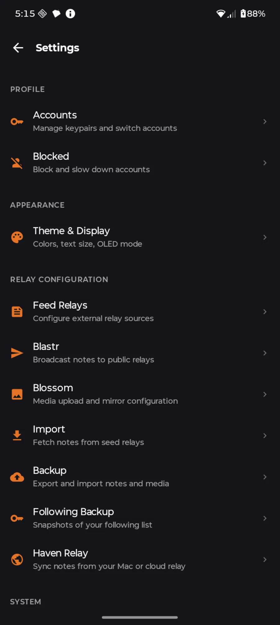 The Settings screen in Nostr Vault on Android with accounts, theme, feed relays, Blastr, Blossom, import and backup options