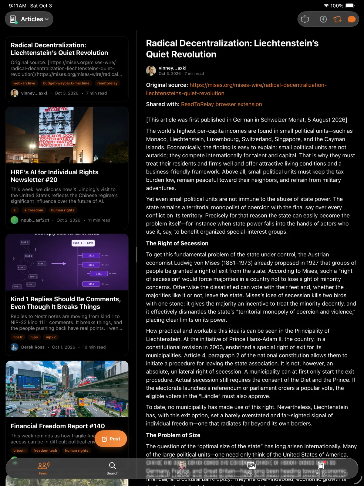 Nostr Vault on iPad signed in as Vitor Pamplona, with the Articles feed in the left column and a long-form article about Liechtenstein open in the reader on the right