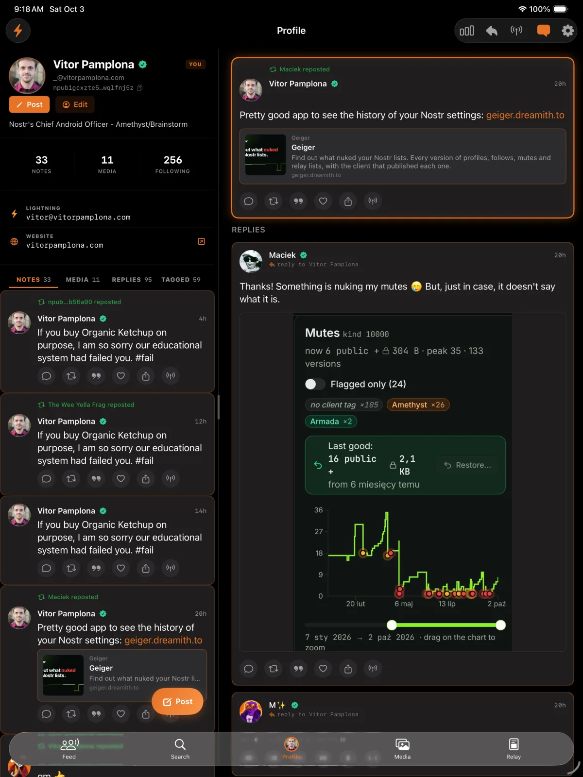Vitor Pamplona's profile in Nostr Vault on iPad with his notes on the left and a selected note and its replies, including a chart, open on the right
