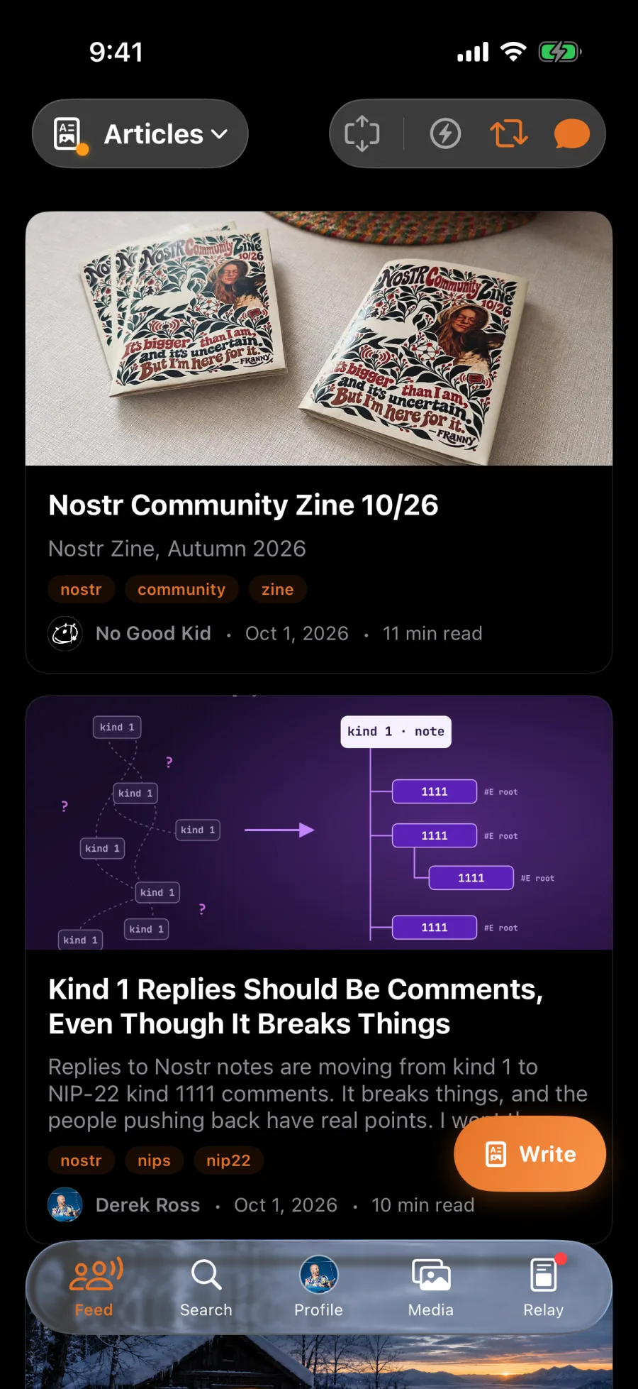 Nostr Vault Articles feed on iPhone showing long-form posts as cards