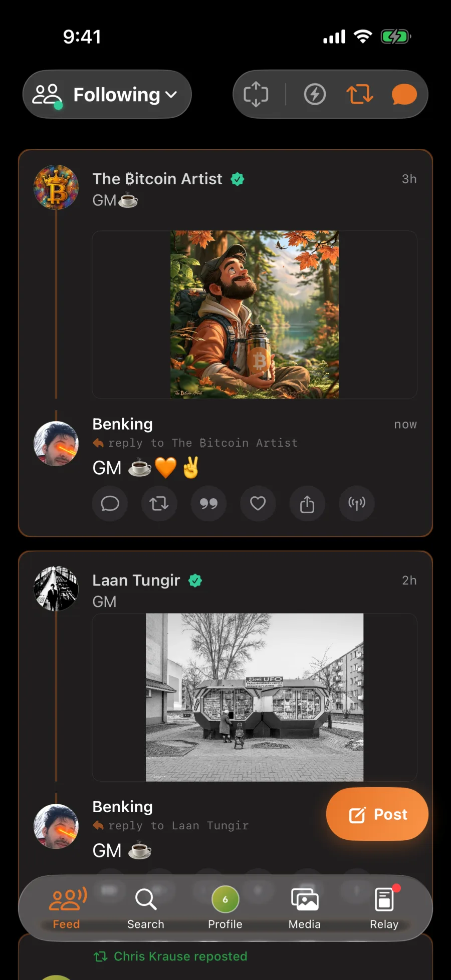 Nostr Vault Following feed on iPhone with morning notes and artwork from followed accounts