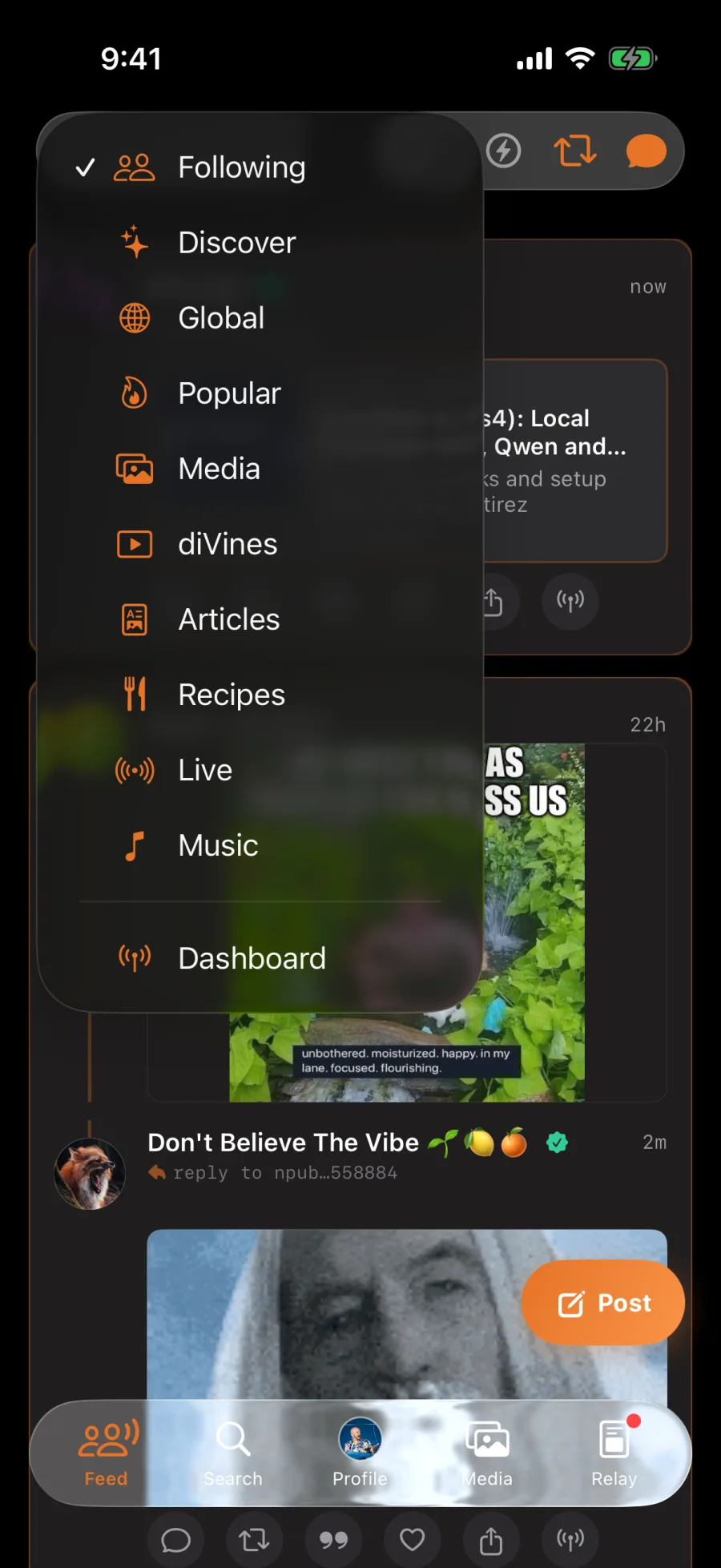 The Nostr Vault feed menu on iPhone listing Following, Discover, Global, Popular, Media, Reels, Articles, Recipes, Live, Music and Dashboard
