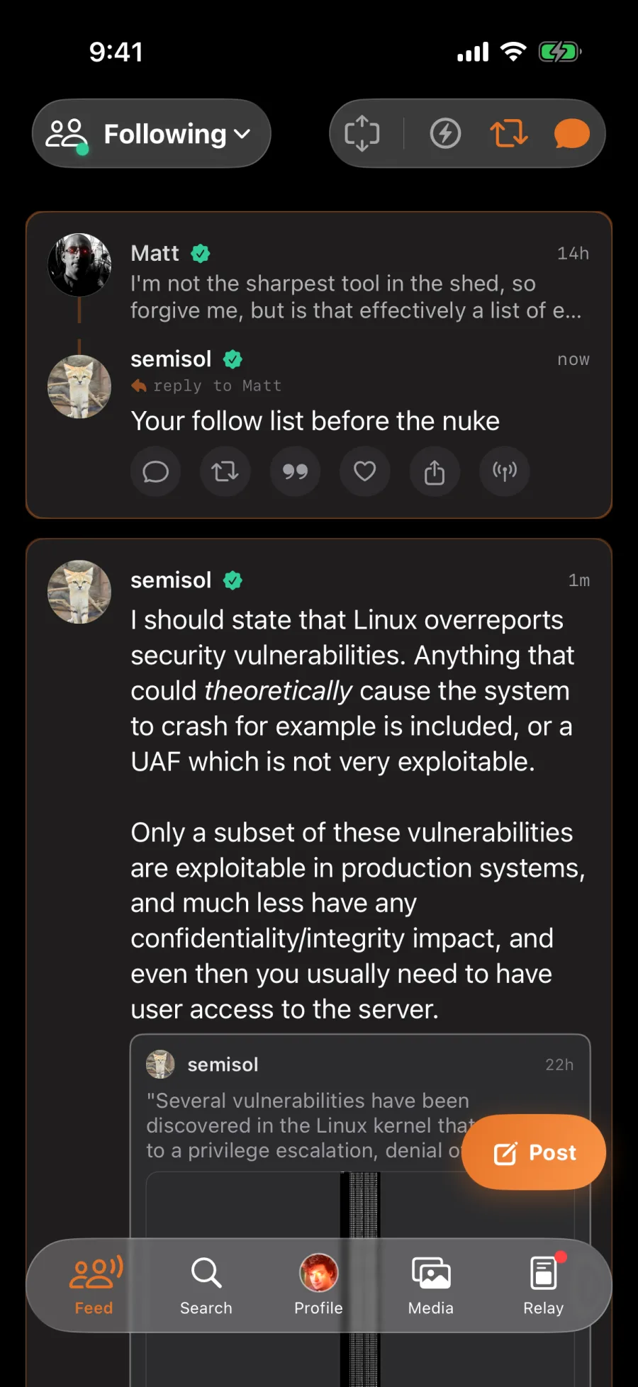 The Following feed in Nostr Vault on iPhone showing threaded replies from followed developers