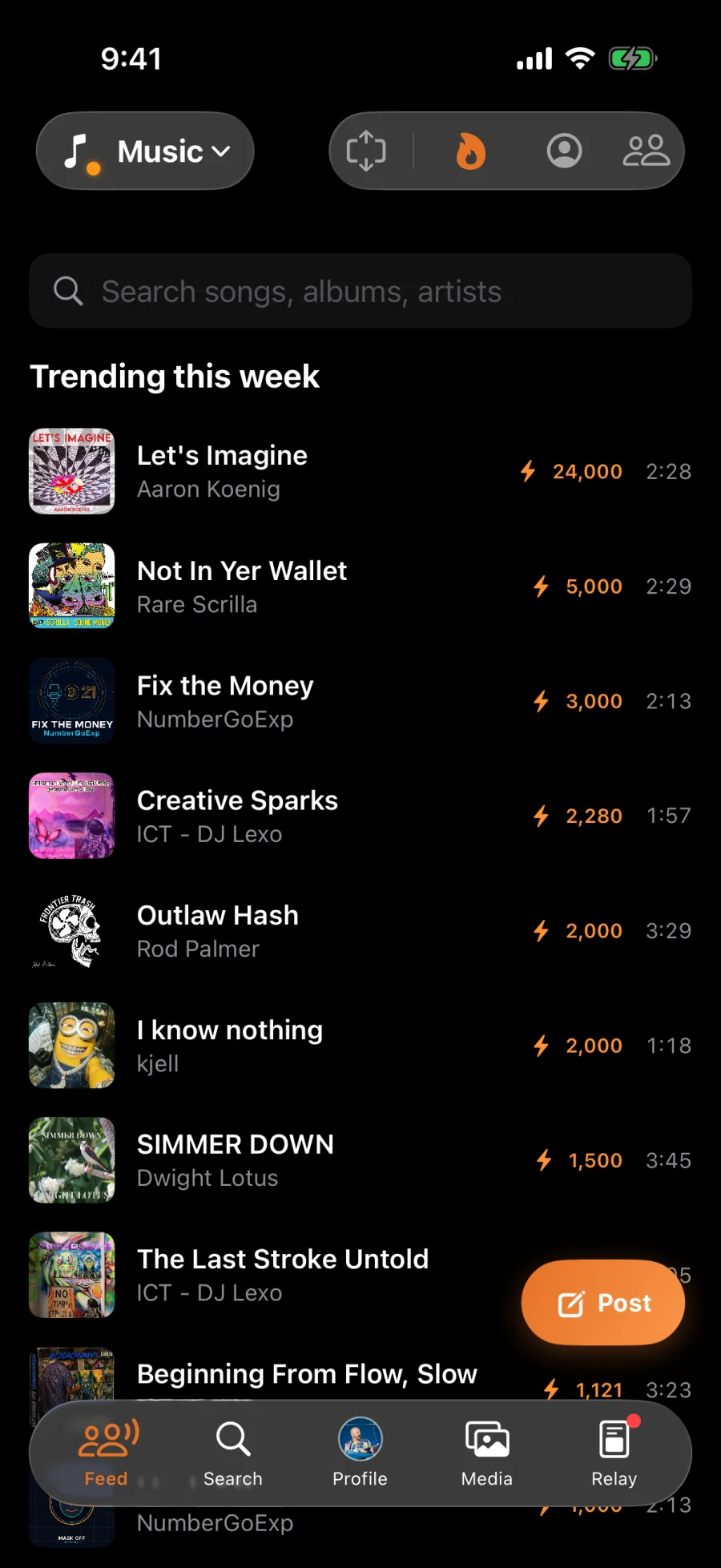 The Music feed in Nostr Vault on iPhone listing trending tracks with zap totals