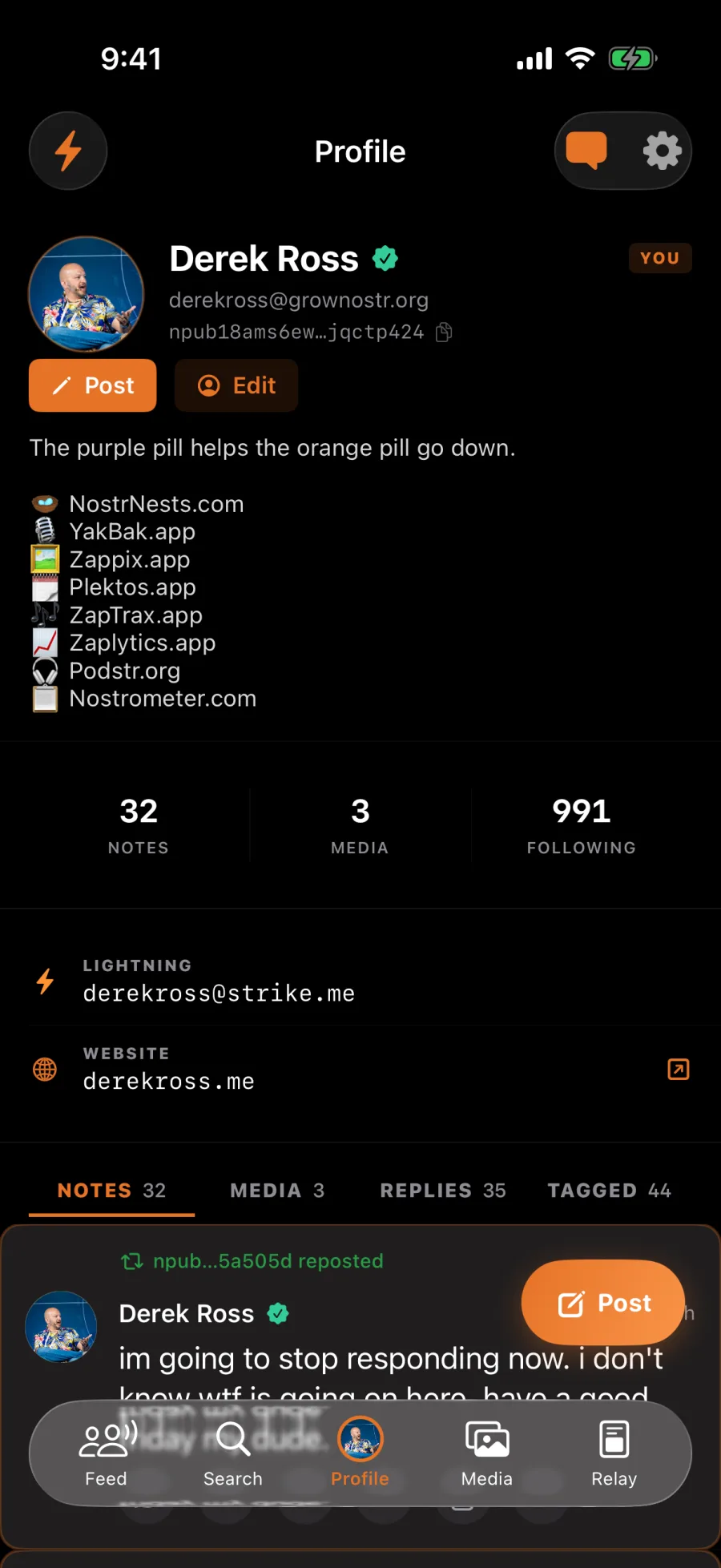 Derek Ross's profile in Nostr Vault on iPhone listing his projects, 1.3k follows and a reposted note