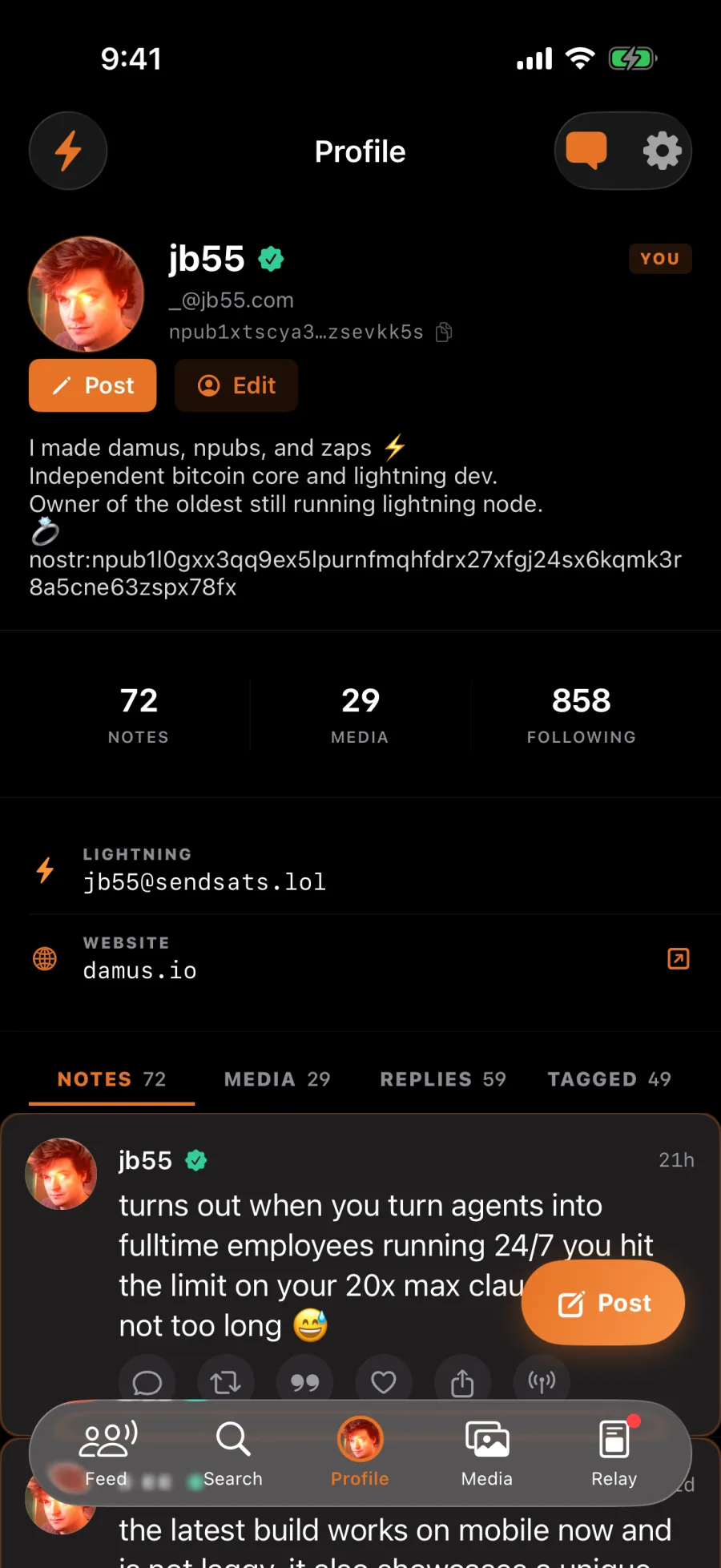 Will Casarin's (jb55) profile in Nostr Vault on iPhone with note, media and following counts, a lightning address and his website