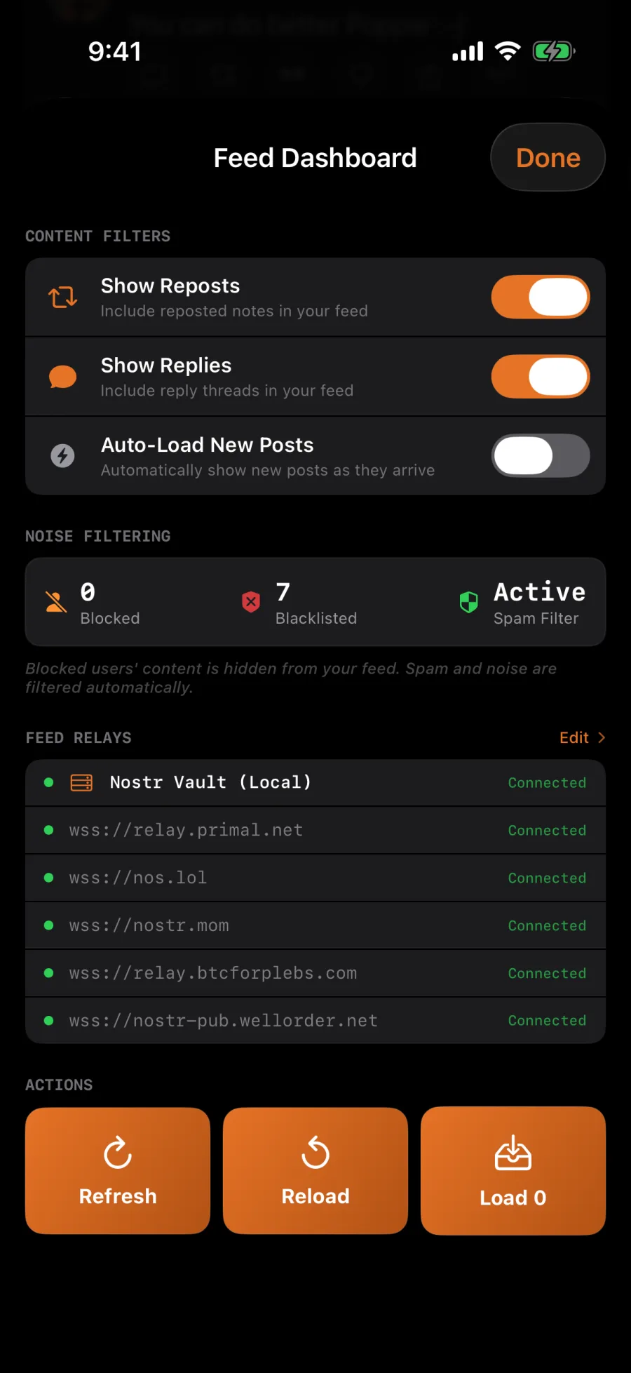The Feed Dashboard in Nostr Vault on iPhone showing content filters, spam filtering and the connected feed relays alongside the local relay