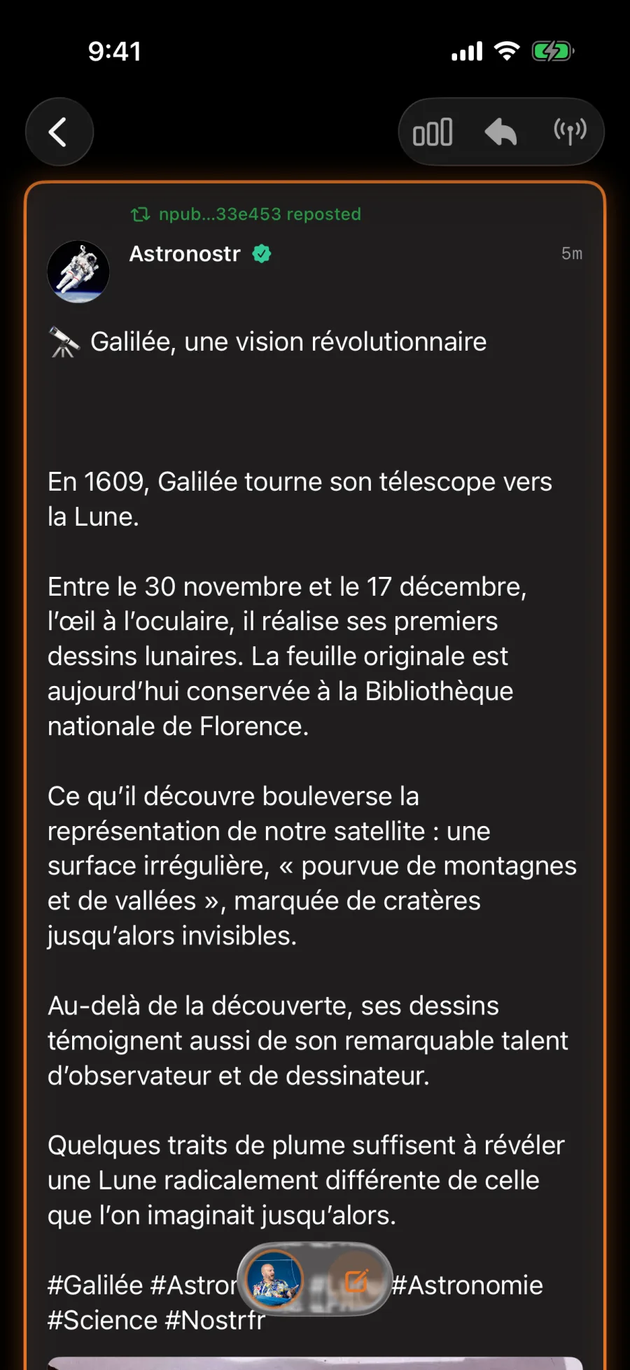 A long French note about Galileo's lunar drawings open as a thread in Nostr Vault on iPhone