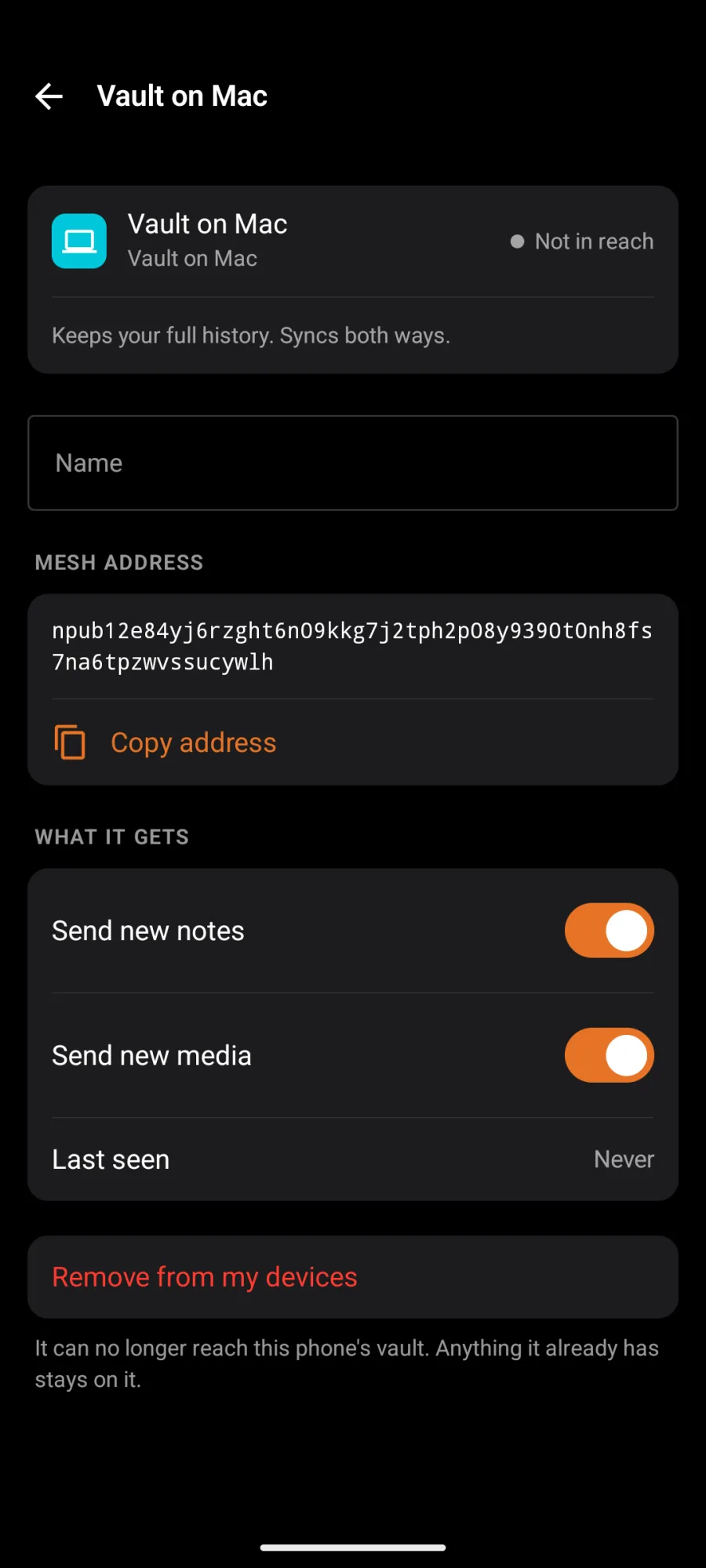 A device on Android, with Remove from my devices