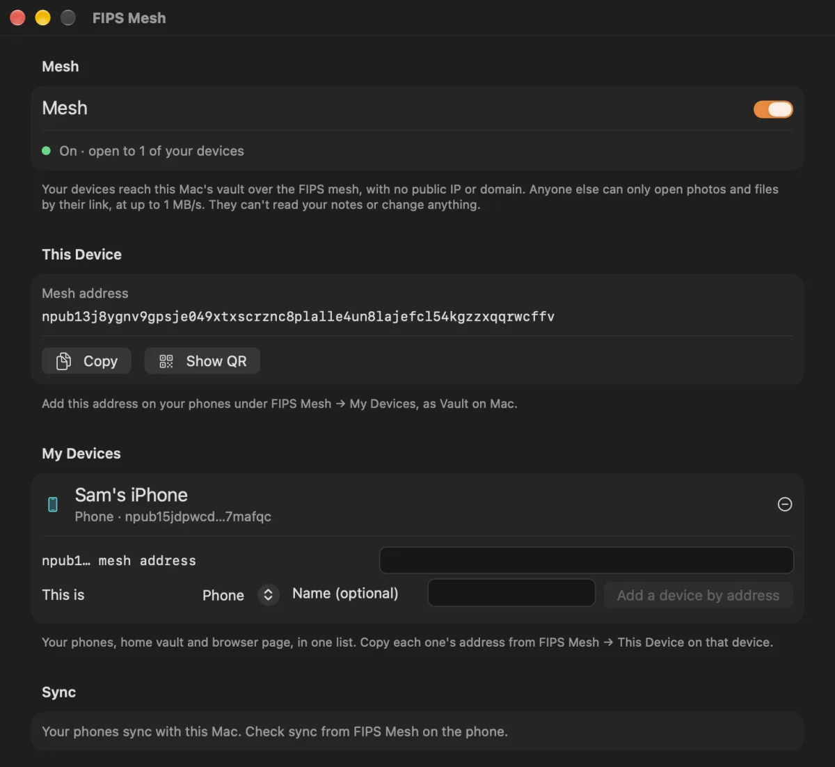 FIPS Mesh on Mac, with a phone in My Devices